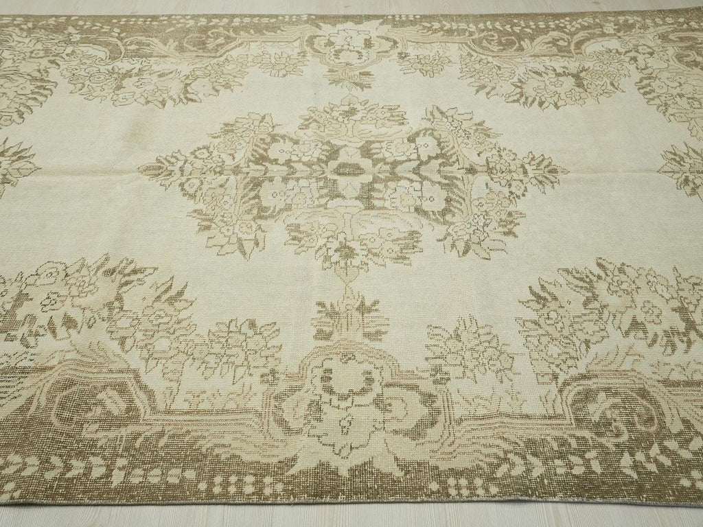 Vintage Turkish Oushak Carpet Rug: Beige Brown Mid Century Modern Rugs,6.2"x9.1" Feet.