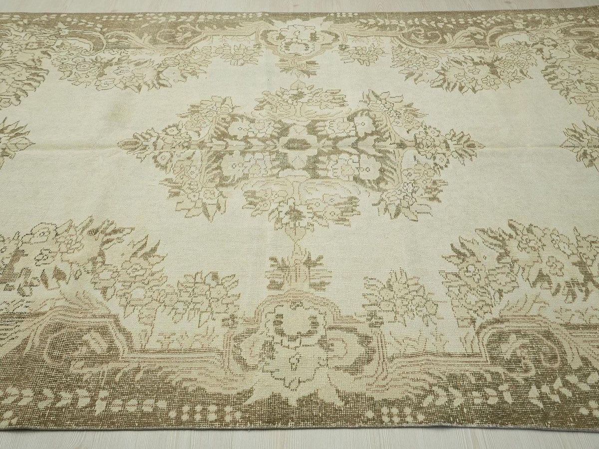 Vintage Turkish Oushak Carpet Rug: Beige Brown Mid Century Modern Rugs,6.2"x9.1" Feet.