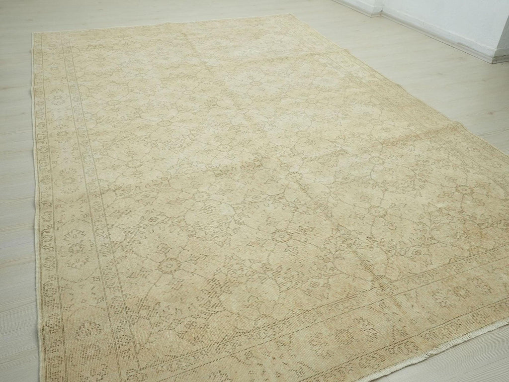 Handmade Oushak Rug: Tan & Brown Wool Vintage Carpet Rugs, 7.2"x11" Feet.