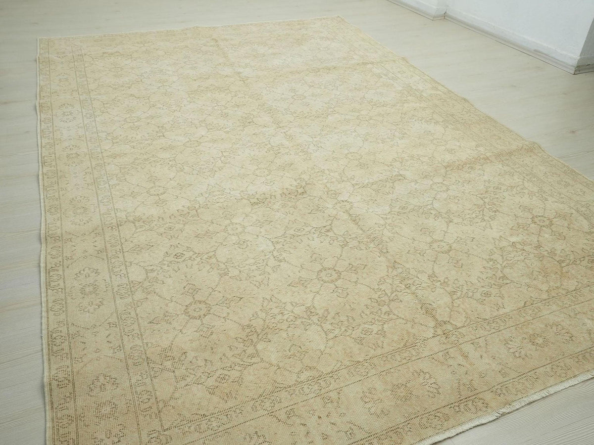 Handmade Oushak Rug: Tan & Brown Wool Vintage Carpet Rugs, 7.2"x11" Feet.