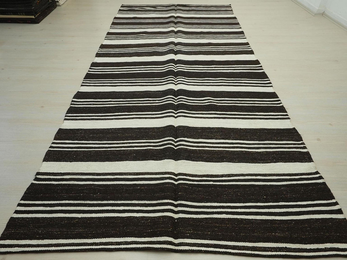 Handmade Hemp Stripe Rug: Flat Weave Minimalist Decor Rugs, 5,5"x12,3" Feet.