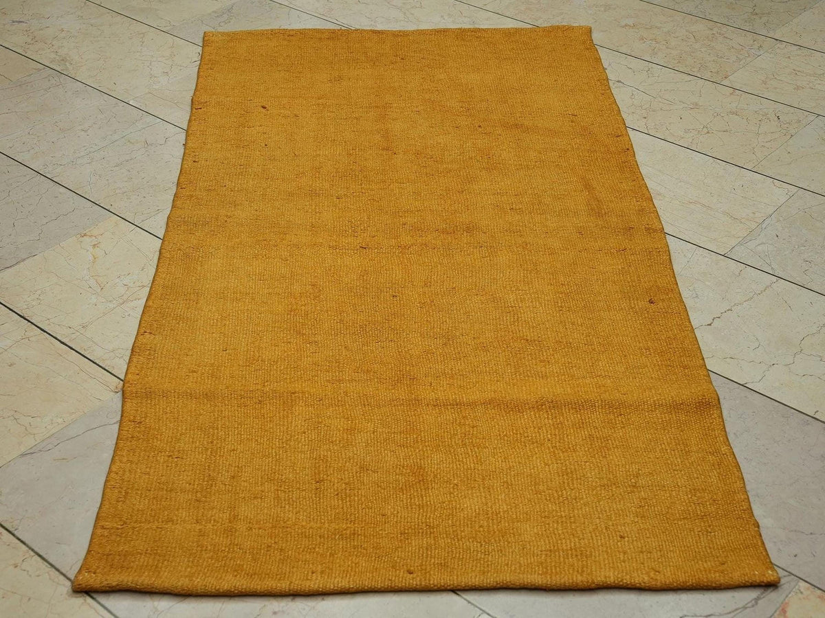 Saffron Hemp Kilim Rug: 3x5.7 Mid-Century Modern Flat Woven Rugs