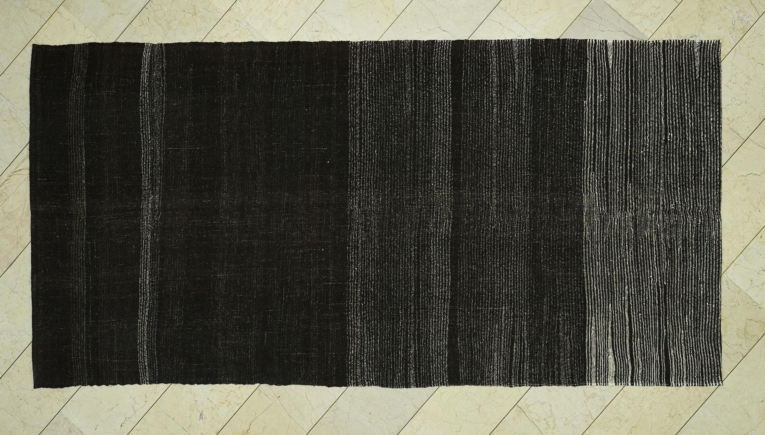 Vintage Goat Hair Kilim Rug: 5x10.1 ft, Dark Brown Striped Flat Weave Rugs.