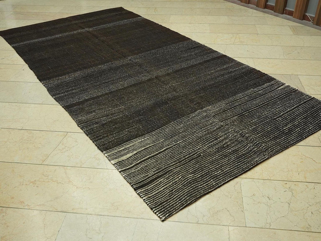 Vintage Goat Hair Kilim Rug: 5x10.1 ft, Dark Brown Striped Flat Weave Rugs.