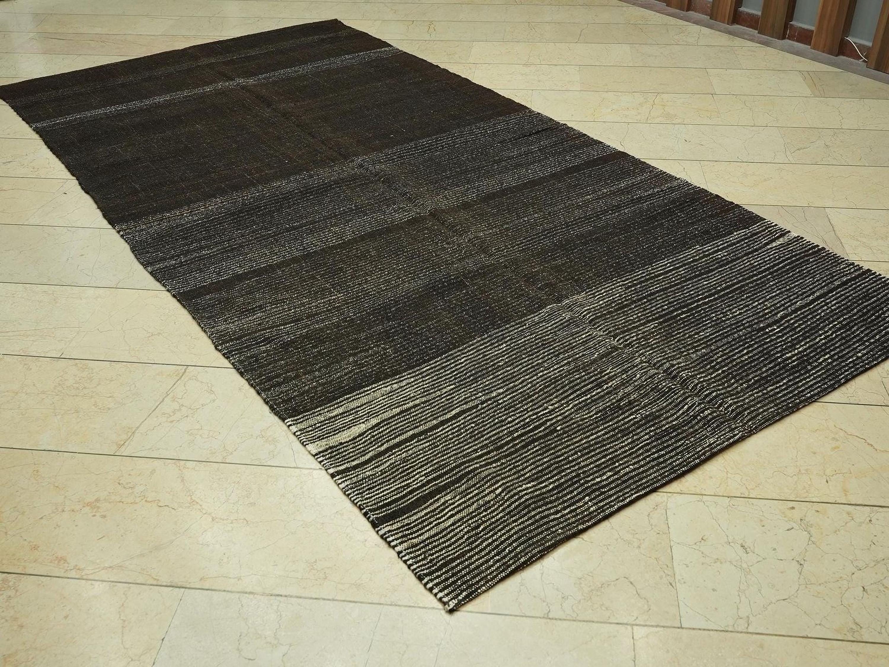 Vintage Goat Hair Kilim Rug: 5x10.1 ft, Dark Brown Striped Flat Weave Rugs.