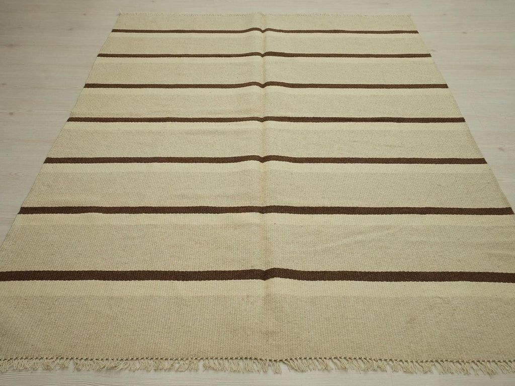 Handmade Brown Stripe Kilim Rug: Flat Weave Wool Rugs (5.1x6.7 ft)