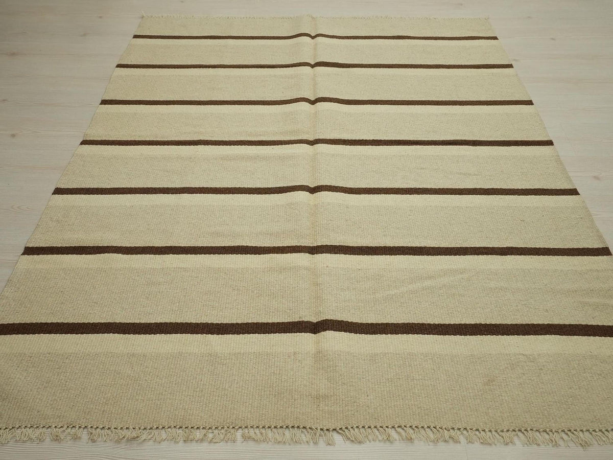 Handmade Brown Stripe Kilim Rug: Flat Weave Wool Rugs (5.1x6.7 ft)