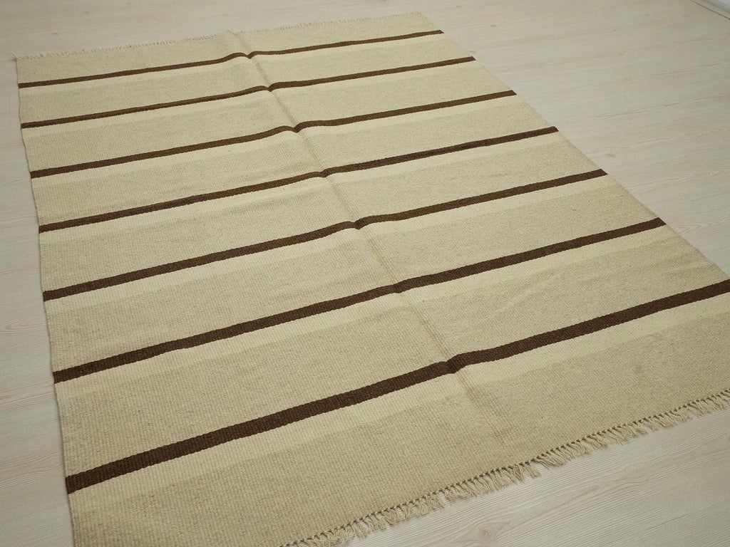 Handmade Brown Stripe Kilim Rug: Flat Weave Wool Rugs (5.1x6.7 ft)