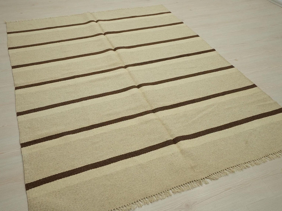 Handmade Brown Stripe Kilim Rug: Flat Weave Wool Rugs (5.1x6.7 ft)