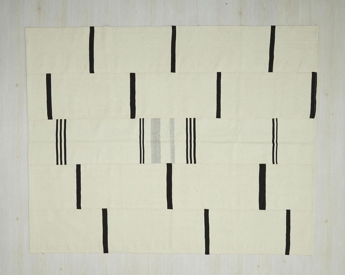 Neutral Color Kilim Rug: Dark Brown & Cream Wool, 7x8 Scandinavian Stlye Vintage Decor Rugs