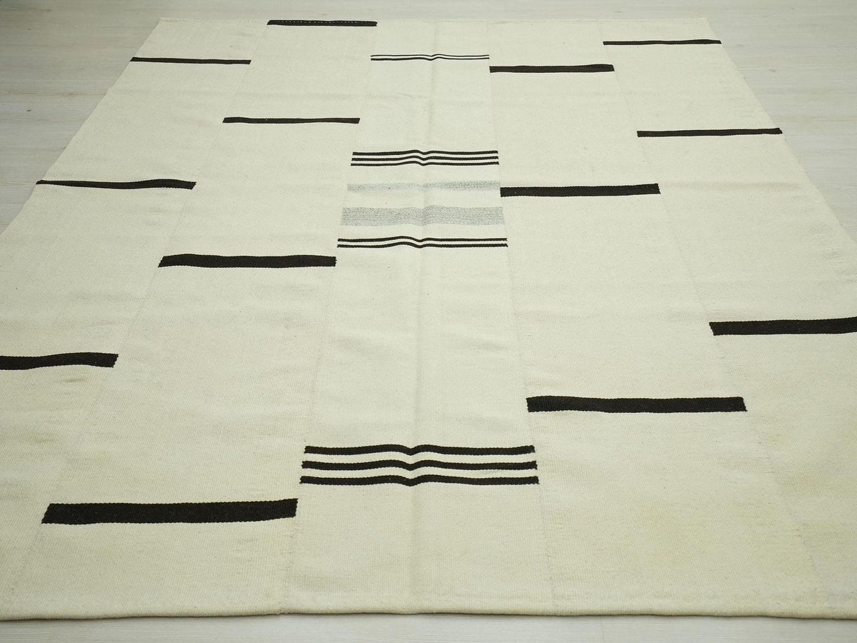 Neutral Color Kilim Rug: Dark Brown & Cream Wool, 7x8 Scandinavian Stlye Vintage Decor Rugs