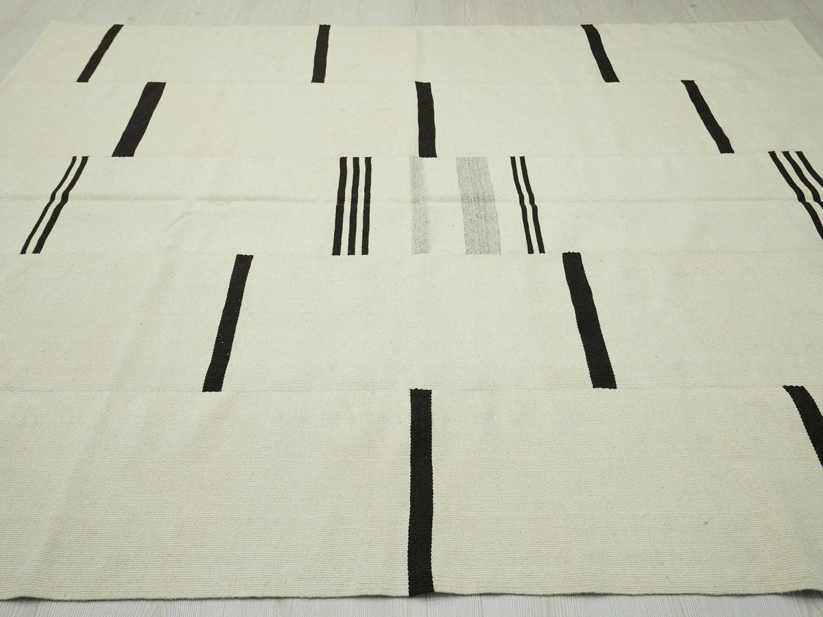 Neutral Color Kilim Rug: Dark Brown & Cream Wool, 7x8 Scandinavian Stlye Vintage Decor Rugs