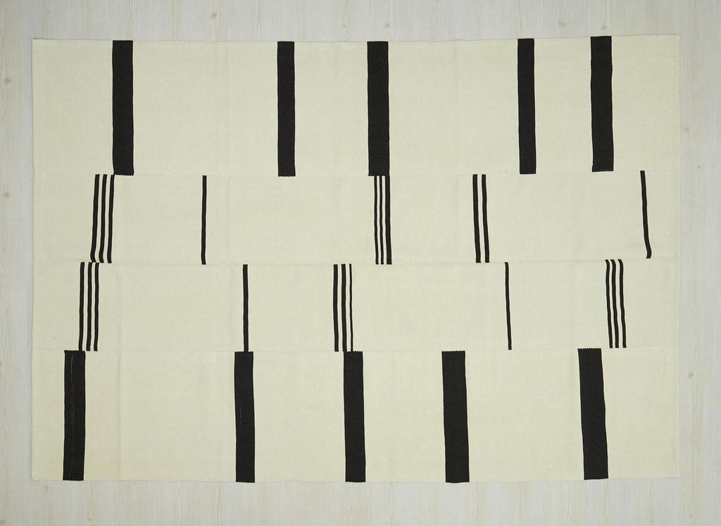 Large Broken Stripe Wool Kilim Rug: 6.6x9.7 ft, Handmade Modern Flat Weave Rugs.