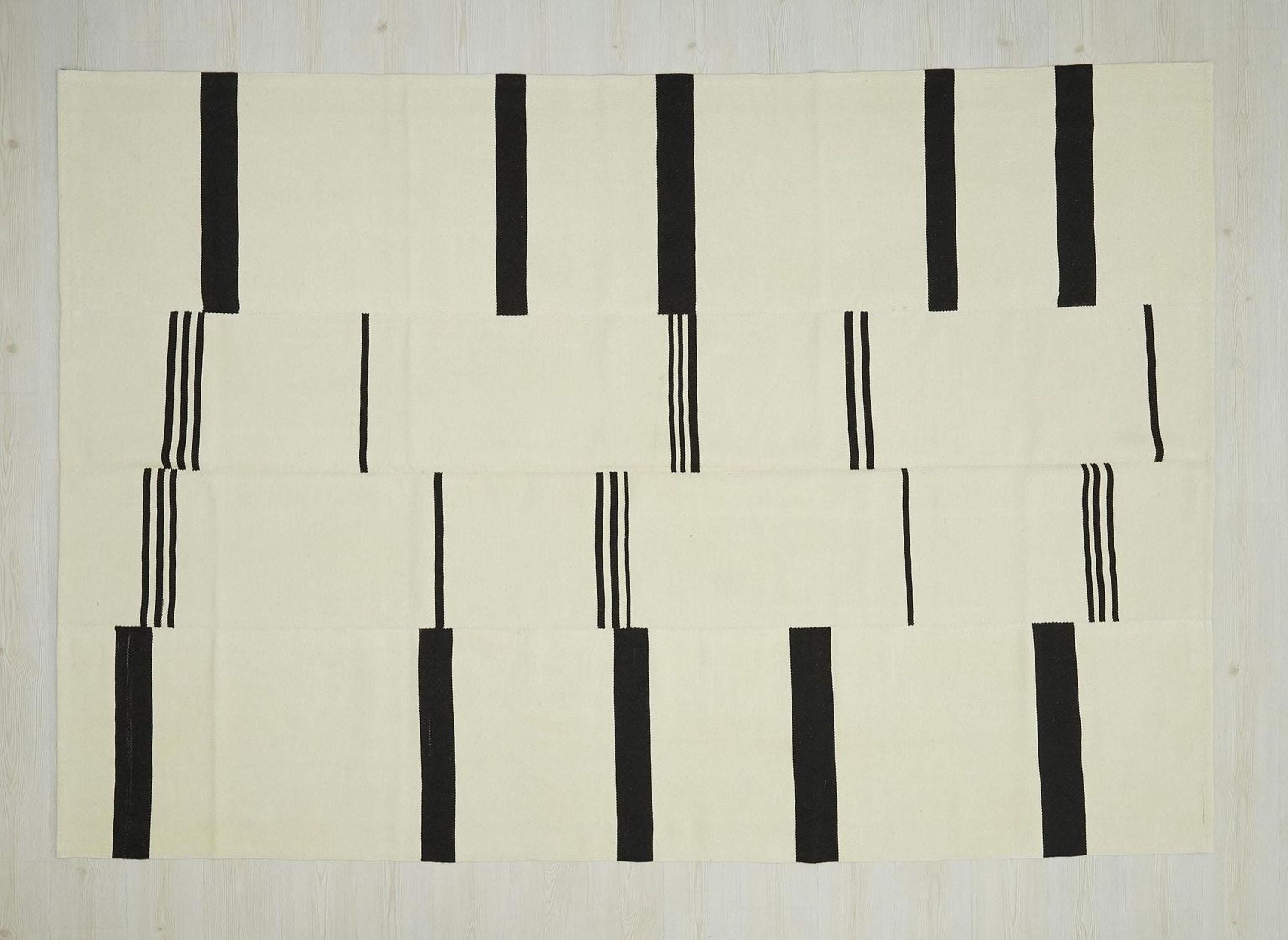 Large Broken Stripe Wool Kilim Rug: 6.6x9.7 ft, Handmade Modern Flat Weave Rugs.