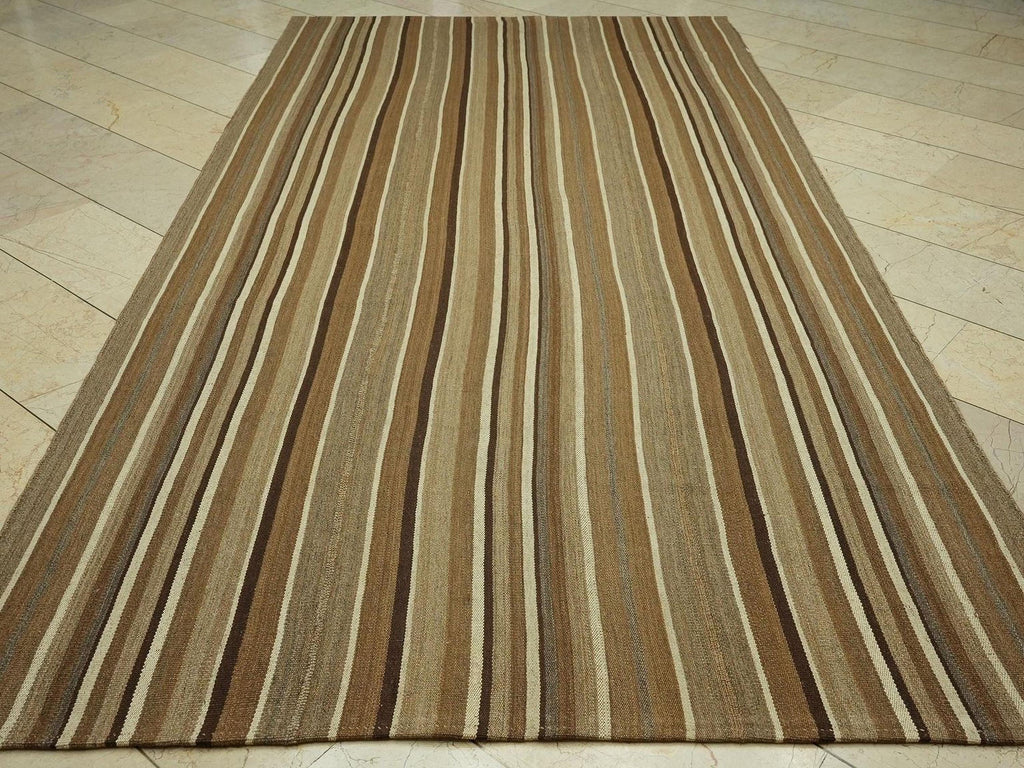 Primitive Neutral Striped Turkish Kilim Rug:5.8x11 Feet,Hand Flat Woven Brown Rugs.