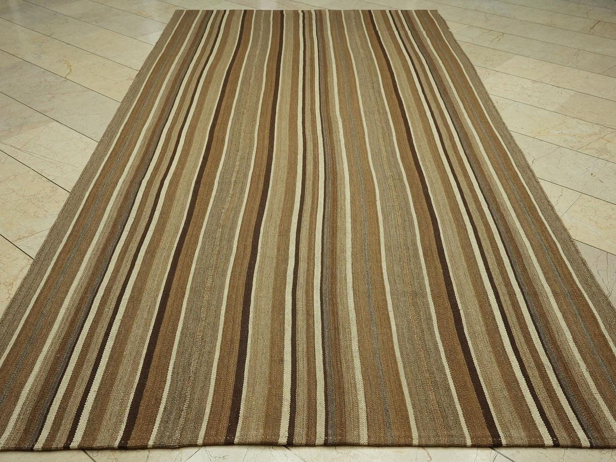 Primitive Neutral Striped Turkish Kilim Rug:5.8x11 Feet,Hand Flat Woven Brown Rugs.