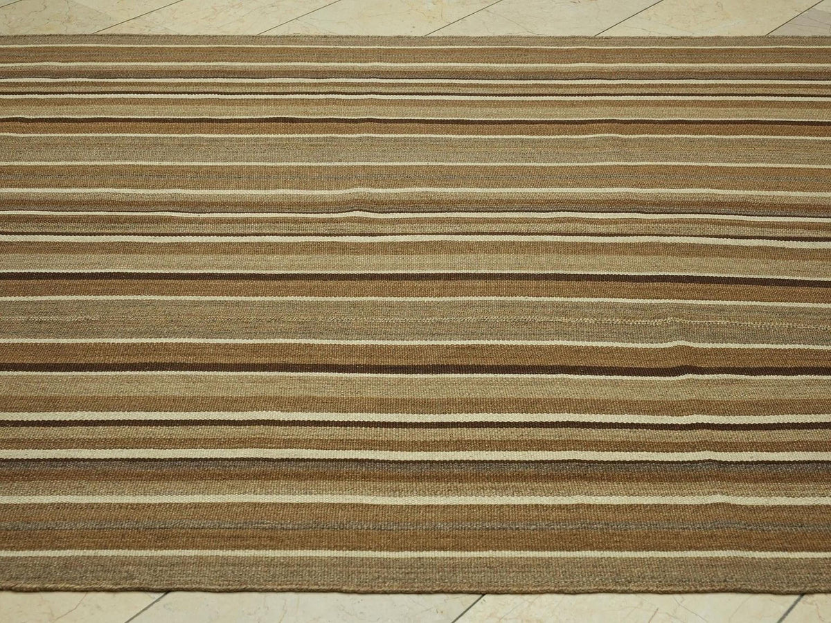 Primitive Neutral Striped Turkish Kilim Rug:5.8x11 Feet,Hand Flat Woven Brown Rugs.