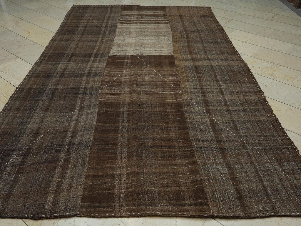 Antique Mazandaran Kilim Rug: 6.5x11.6 ft, Handwoven Wool, Brown Beige Stripe Two Face Rugs.