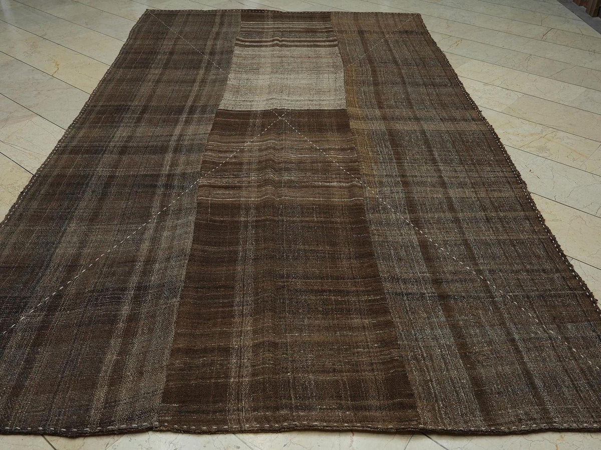 Antique Mazandaran Kilim Rug: 6.5x11.6 ft, Handwoven Wool, Brown Beige Stripe Two Face Rugs.