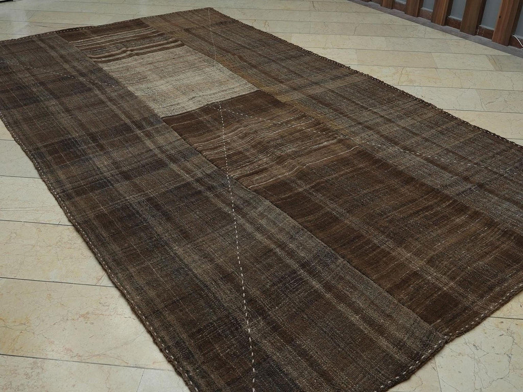 Antique Mazandaran Kilim Rug: 6.5x11.6 ft, Handwoven Wool, Brown Beige Stripe Two Face Rugs.
