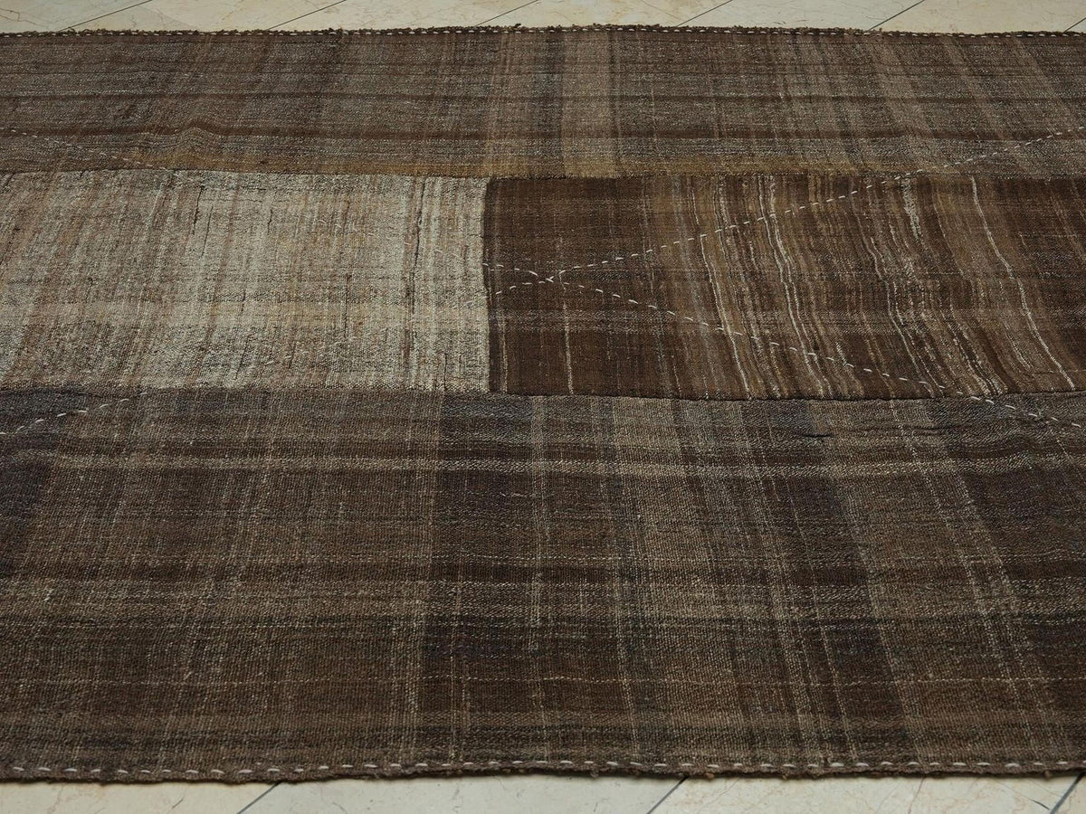 Antique Mazandaran Kilim Rug: 6.5x11.6 ft, Handwoven Wool, Brown Beige Stripe Two Face Rugs.