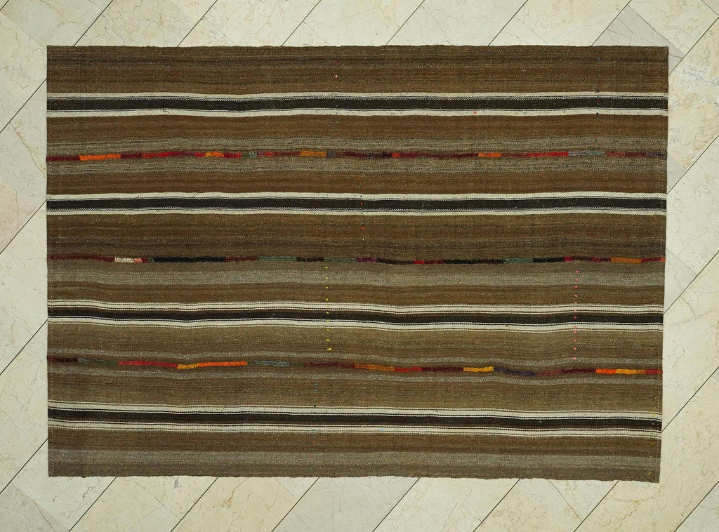 Brown Striped Unique Flat Weave Turkish Kilim Rug: 5,6x8 Feet,Scandinavian Style Rugs