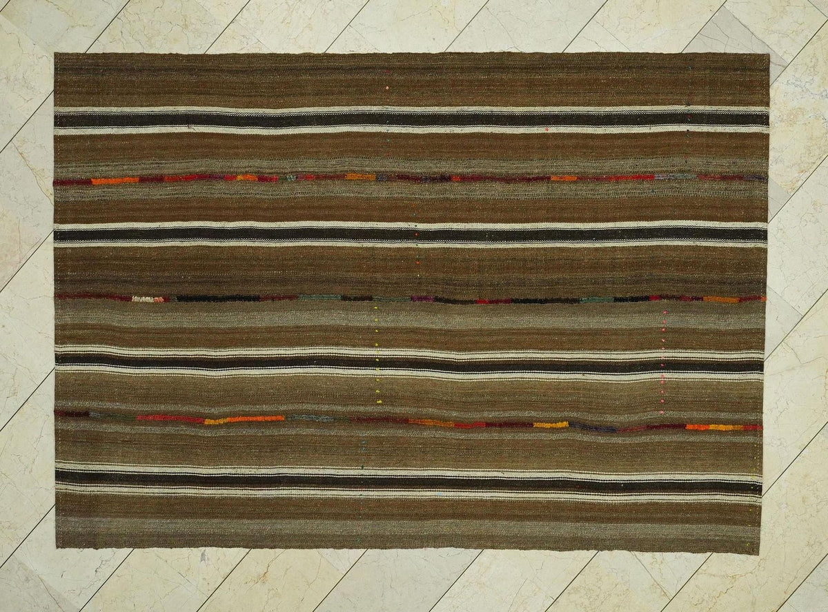 Brown Striped Unique Flat Weave Turkish Kilim Rug: 5,6x8 Feet,Scandinavian Style Rugs