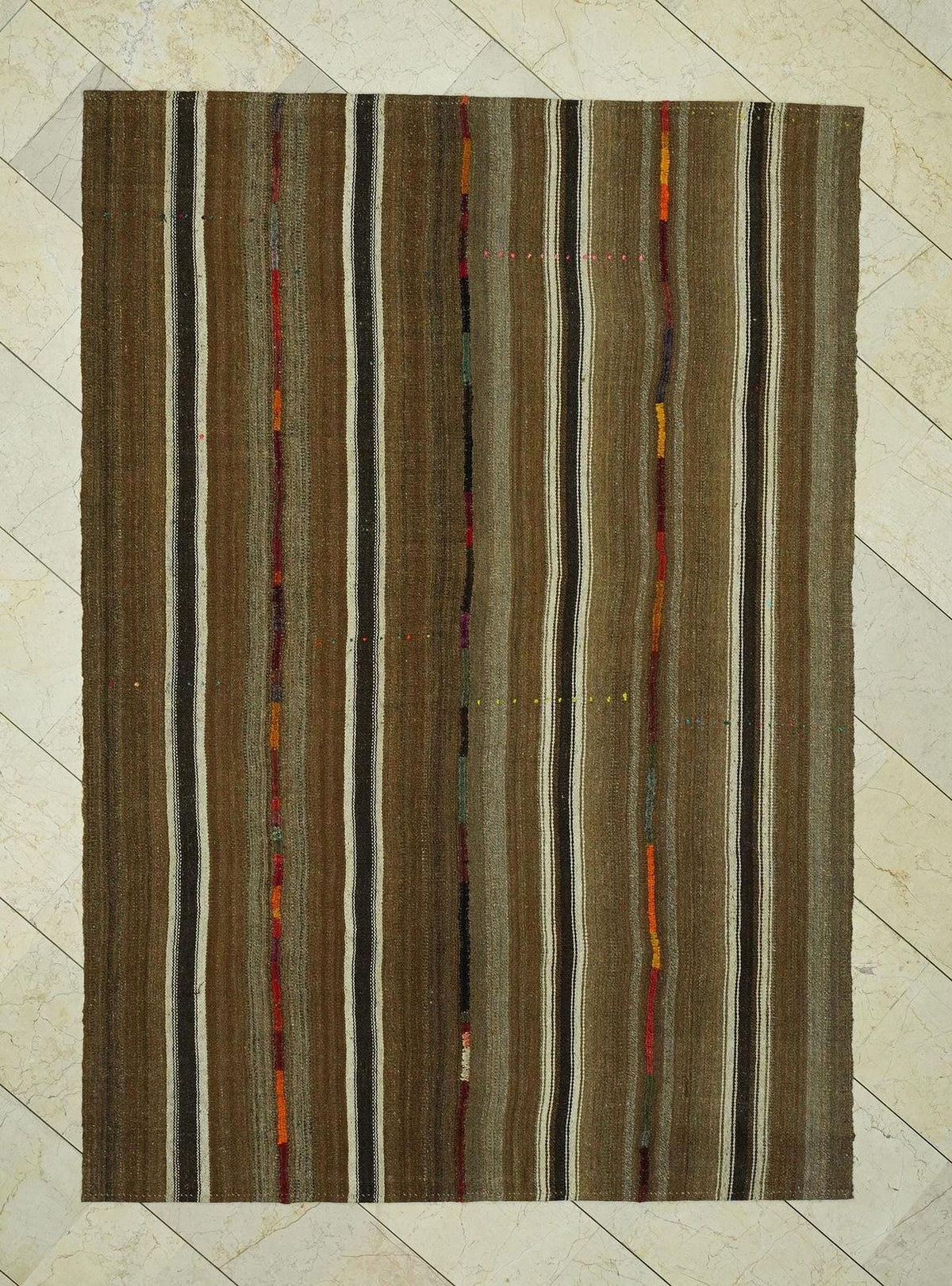 Brown Striped Unique Flat Weave Turkish Kilim Rug: 5,6x8 Feet,Scandinavian Style Rugs