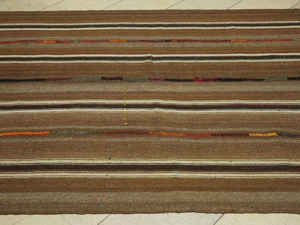 Brown Striped Unique Flat Weave Turkish Kilim Rug: 5,6x8 Feet,Scandinavian Style Rugs