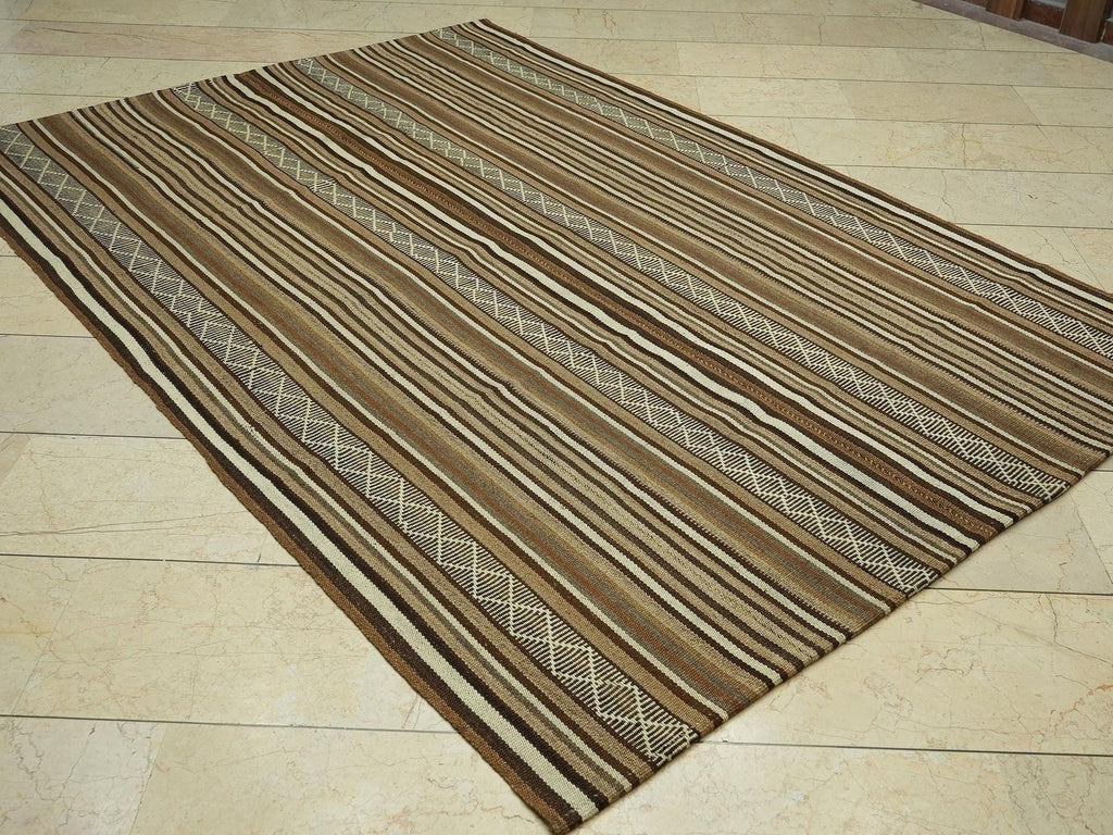 Neutral Striped Flat Weave Wool Turkish Kilim Rug,5.8x8.2 Feet,Mid Century Modern Rugs
