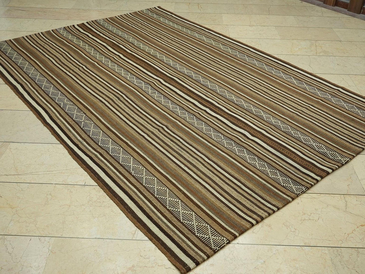 Neutral Striped Flat Weave Wool Turkish Kilim Rug,5.8x8.2 Feet,Mid Century Modern Rugs