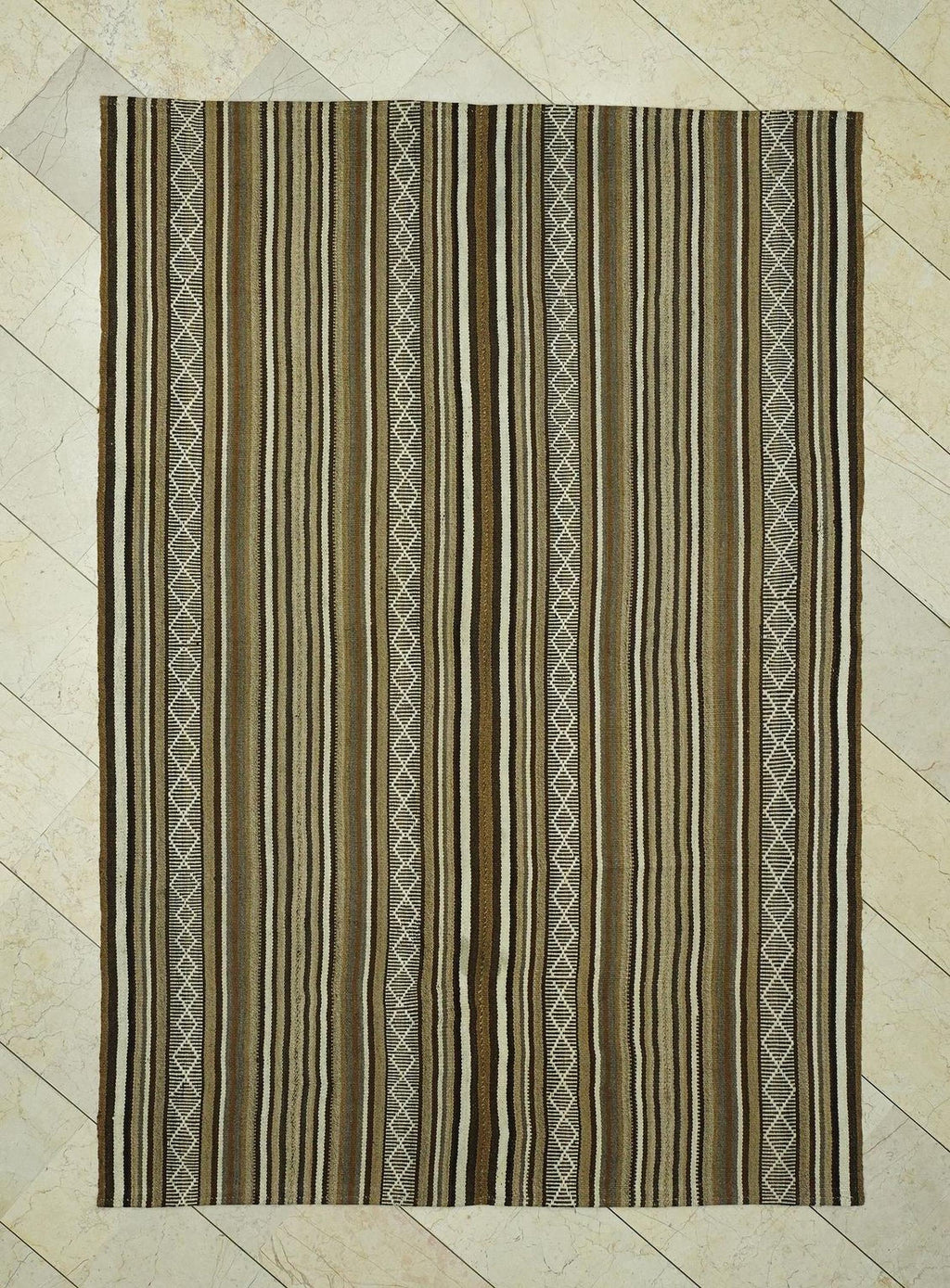 Neutral Striped Flat Weave Wool Turkish Kilim Rug,5.8x8.2 Feet,Mid Century Modern Rugs