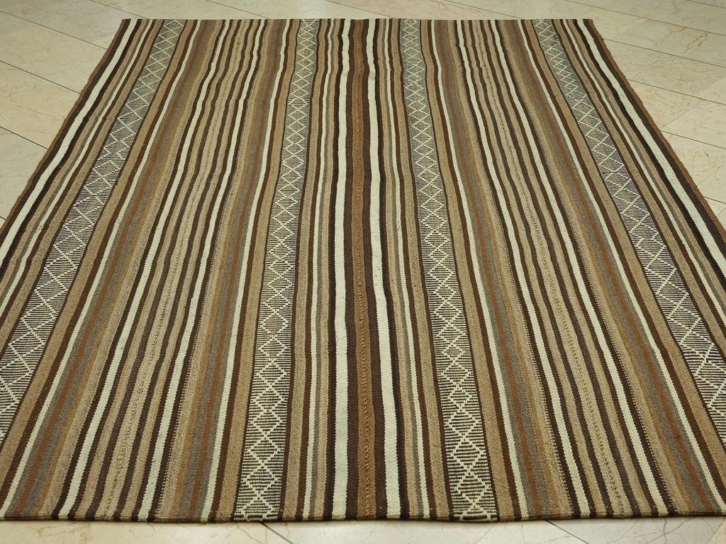 Neutral Striped Flat Weave Wool Turkish Kilim Rug,5.8x8.2 Feet,Mid Century Modern Rugs
