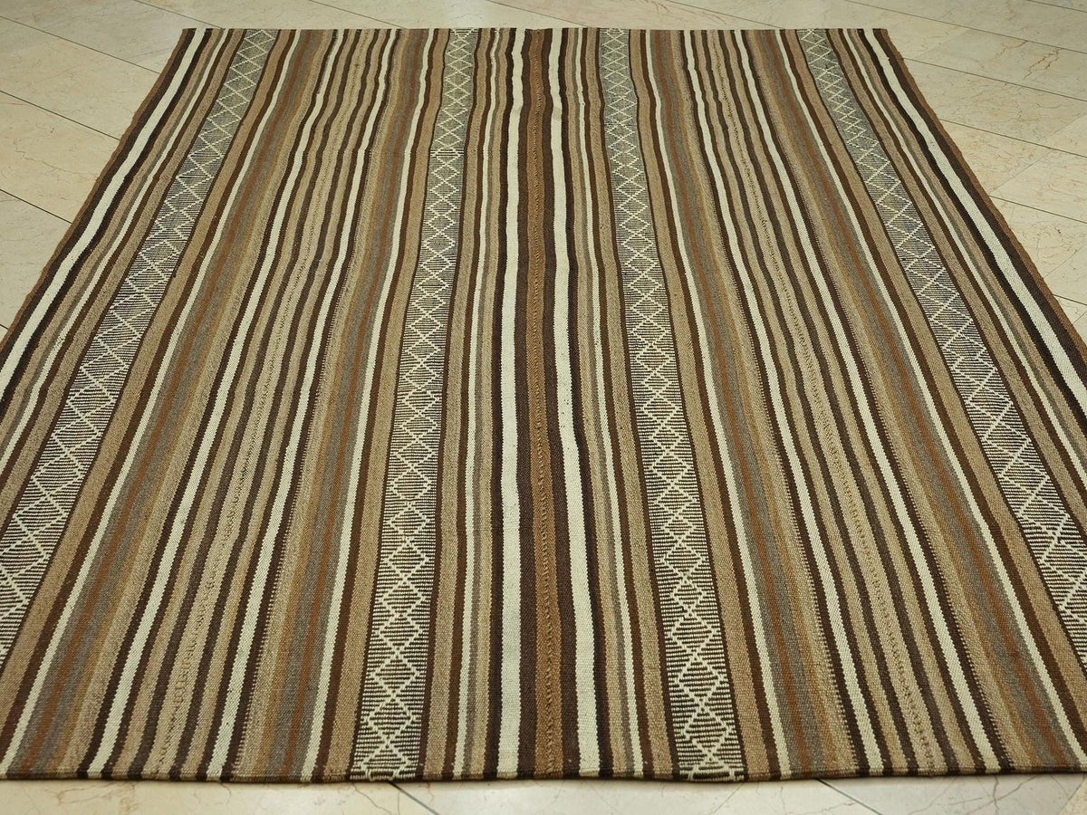 Neutral Striped Flat Weave Wool Turkish Kilim Rug,5.8x8.2 Feet,Mid Century Modern Rugs