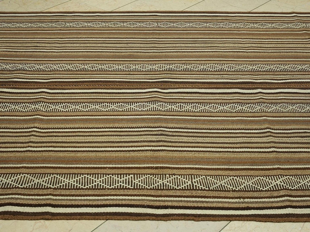 Neutral Striped Flat Weave Wool Turkish Kilim Rug,5.8x8.2 Feet,Mid Century Modern Rugs