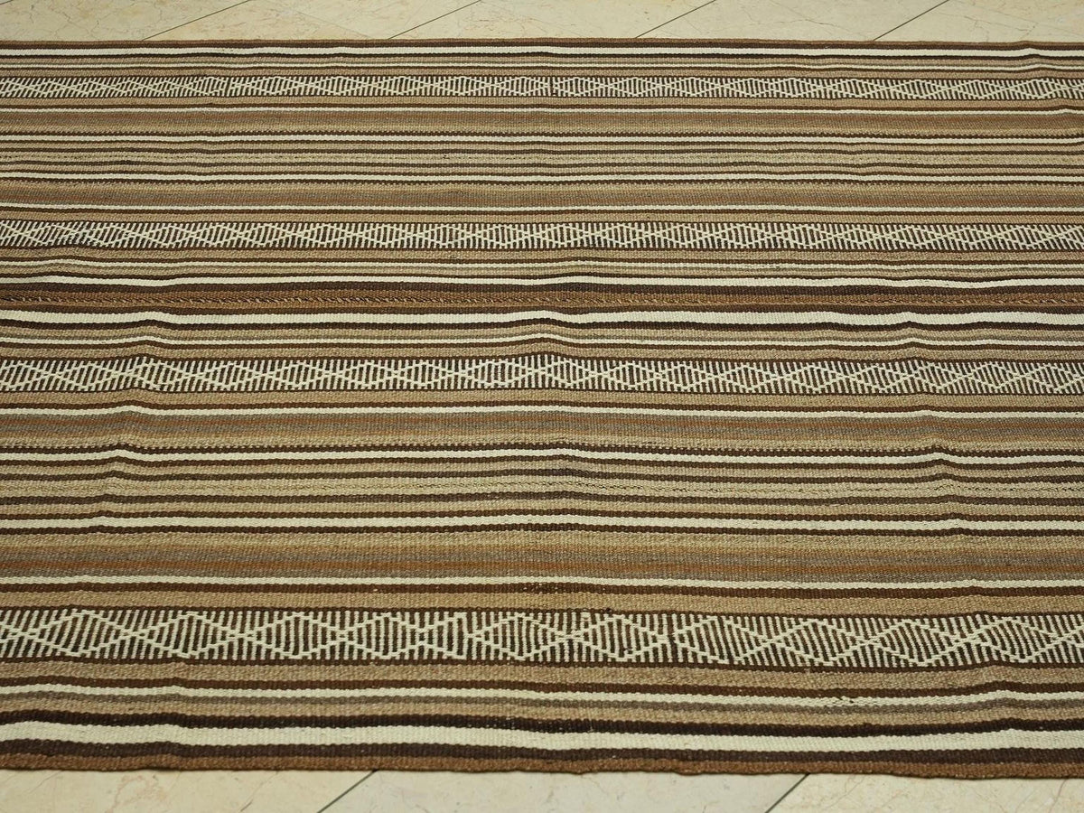 Neutral Striped Flat Weave Wool Turkish Kilim Rug,5.8x8.2 Feet,Mid Century Modern Rugs