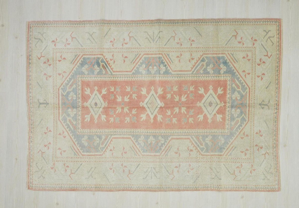 5x8 Handmade Wool Turkish Oushak Rug: Faded Pastel, Mid-Century Modern Rugs