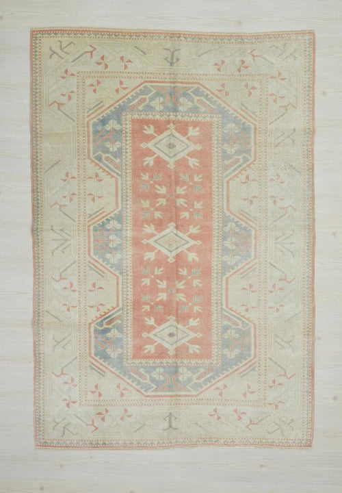 5x8 Handmade Wool Turkish Oushak Rug: Faded Pastel, Mid-Century Modern Rugs