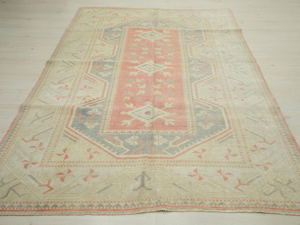 5x8 Handmade Wool Turkish Oushak Rug: Faded Pastel, Mid-Century Modern Rugs