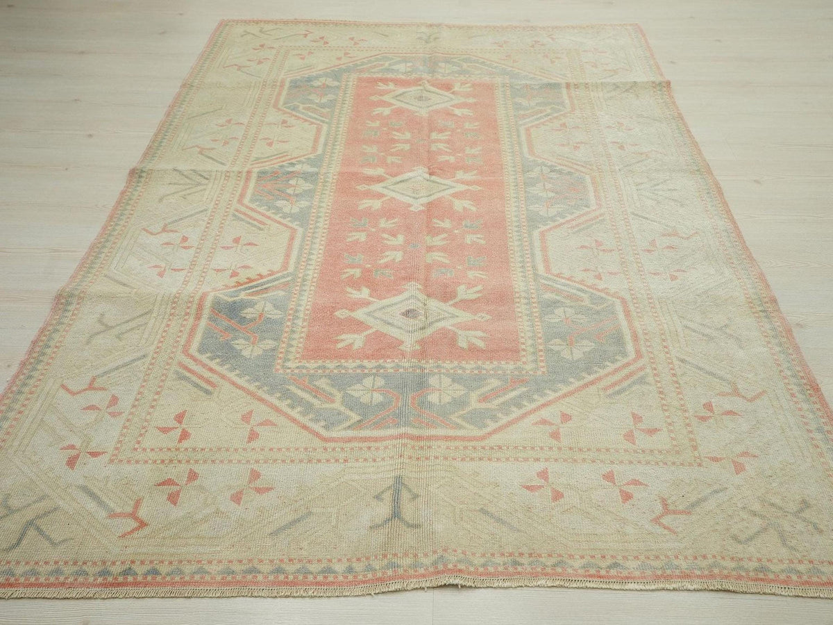 5x8 Handmade Wool Turkish Oushak Rug: Faded Pastel, Mid-Century Modern Rugs