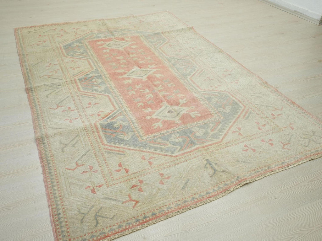 5x8 Handmade Wool Turkish Oushak Rug: Faded Pastel, Mid-Century Modern Rugs
