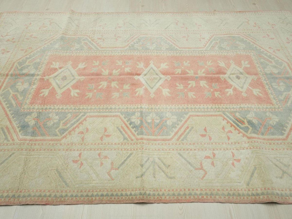 5x8 Handmade Wool Turkish Oushak Rug: Faded Pastel, Mid-Century Modern Rugs