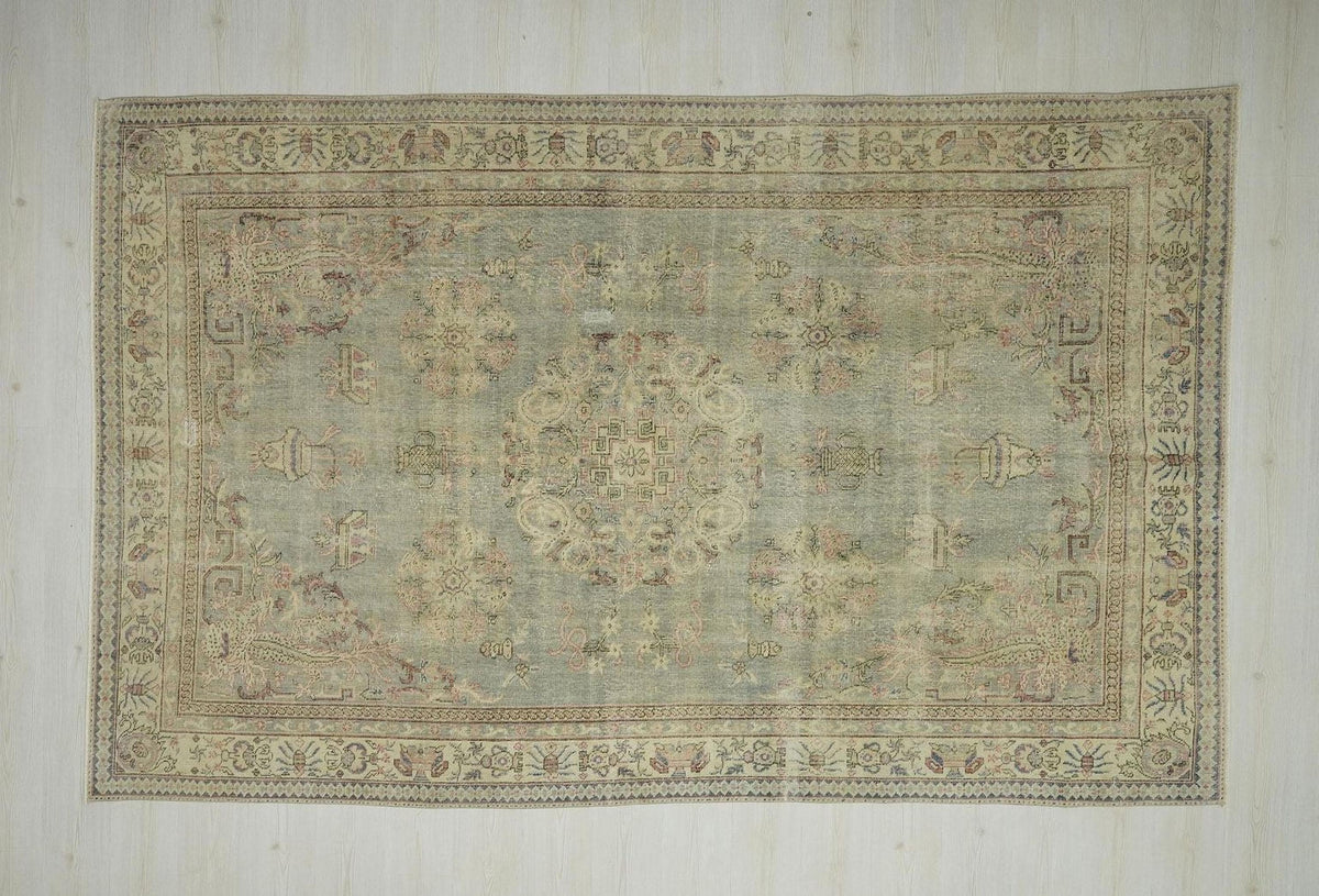 Floral Neutral Vintage Oushak Rug: 6,6x10,5, Turkish Wool Carpet Home Living Decor.