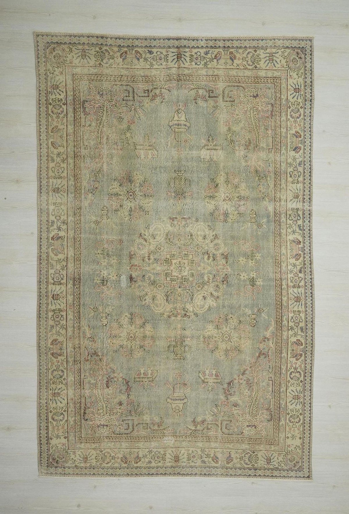 Floral Neutral Vintage Oushak Rug: 6,6x10,5, Turkish Wool Carpet Home Living Decor.