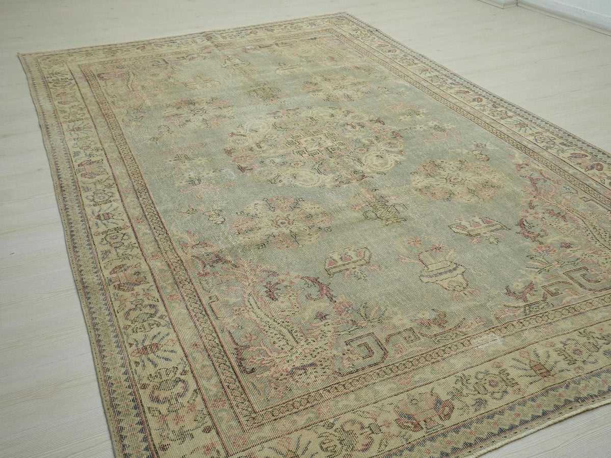 Floral Neutral Vintage Oushak Rug: 6,6x10,5, Turkish Wool Carpet Home Living Decor.