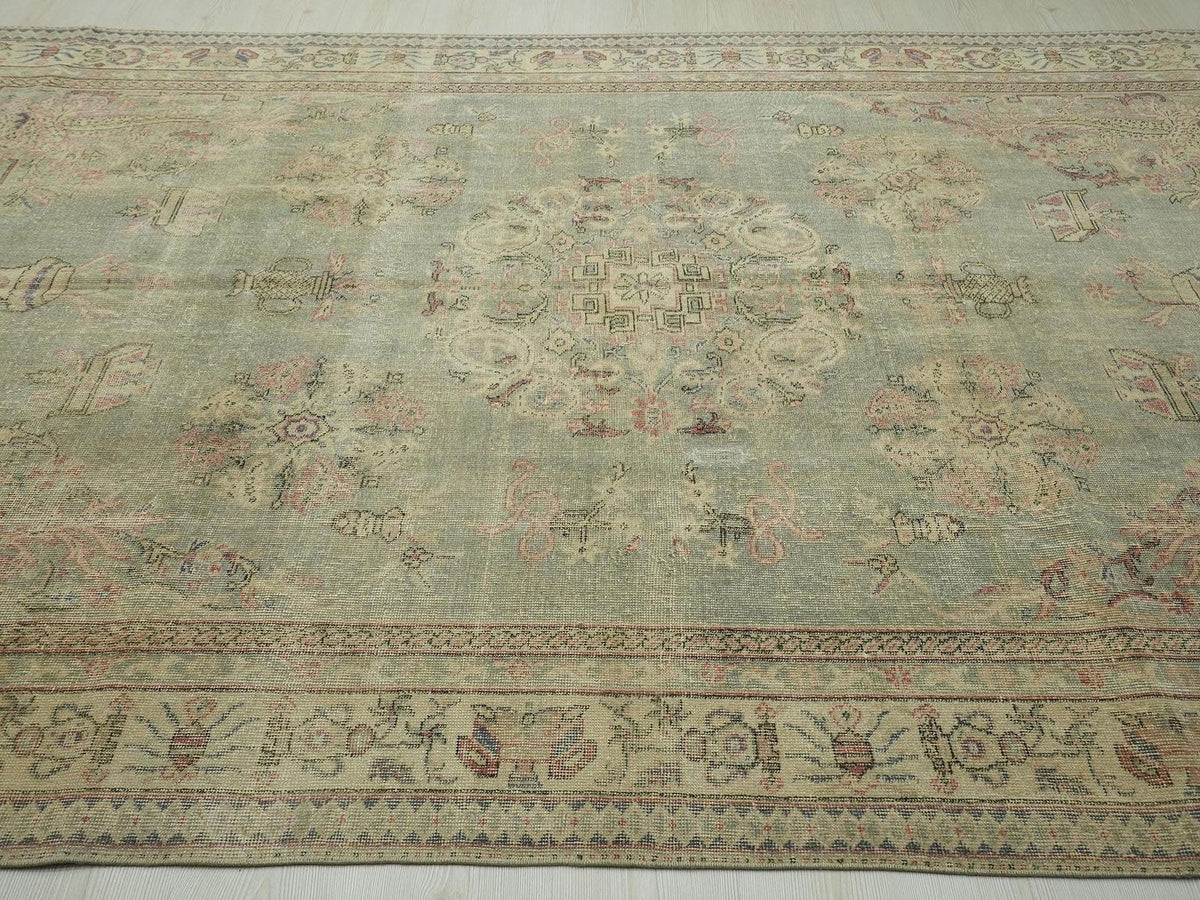 Floral Neutral Vintage Oushak Rug: 6,6x10,5, Turkish Wool Carpet Home Living Decor.