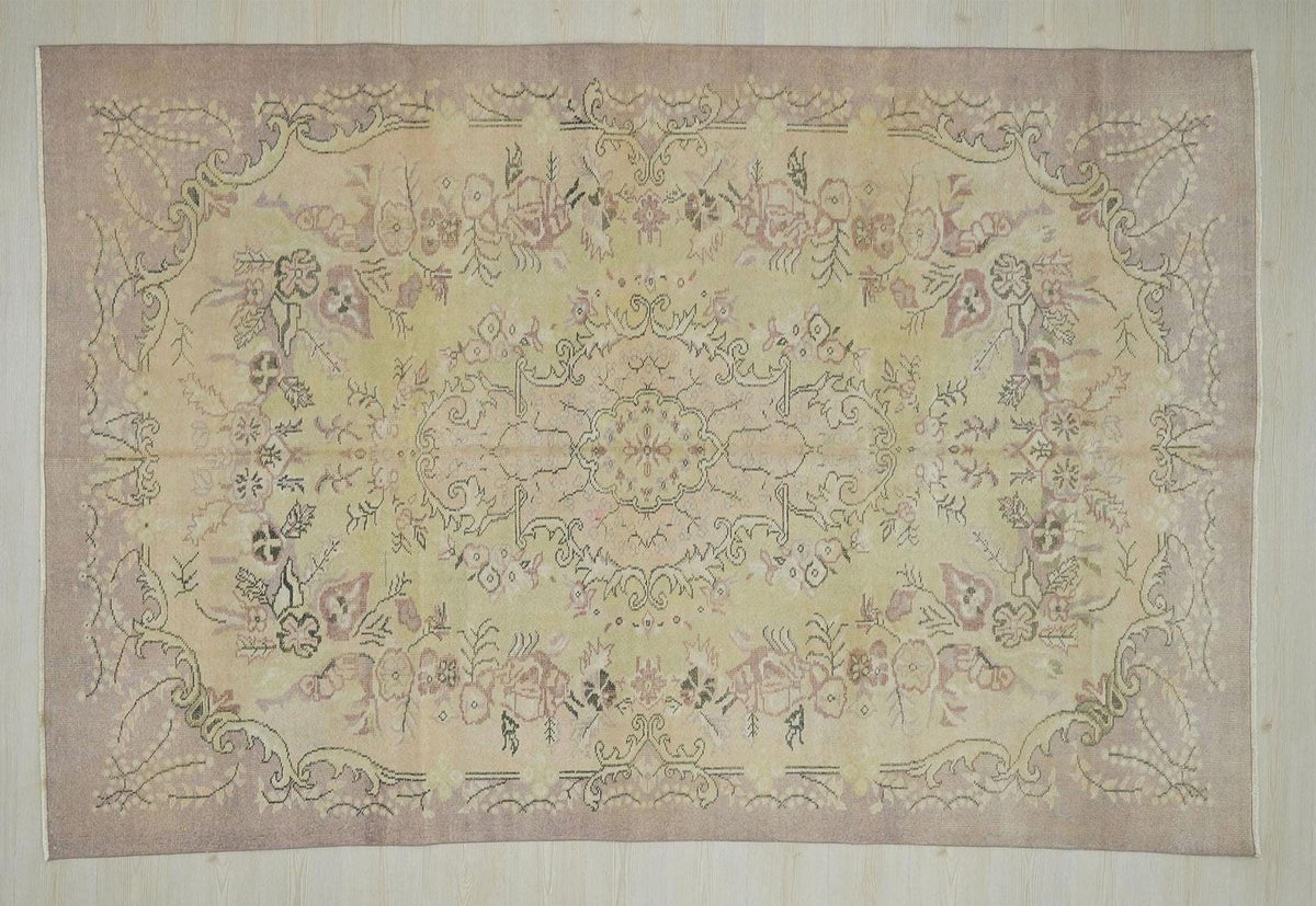 Vintage Oushak Rug: 6.4"x9.7" Ft, Yellow Purple Turkish Wool Carpet.