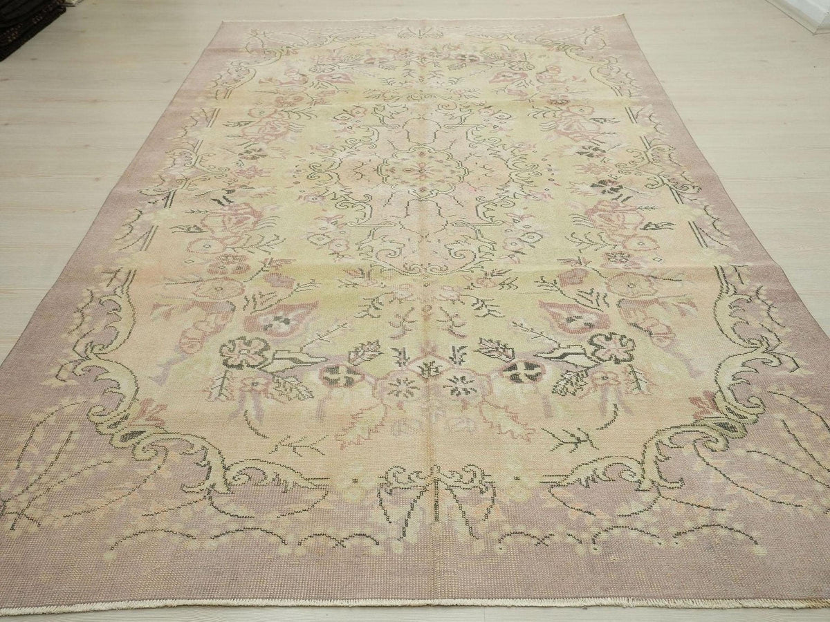 Vintage Oushak Rug: 6.4"x9.7" Ft, Yellow Purple Turkish Wool Carpet.