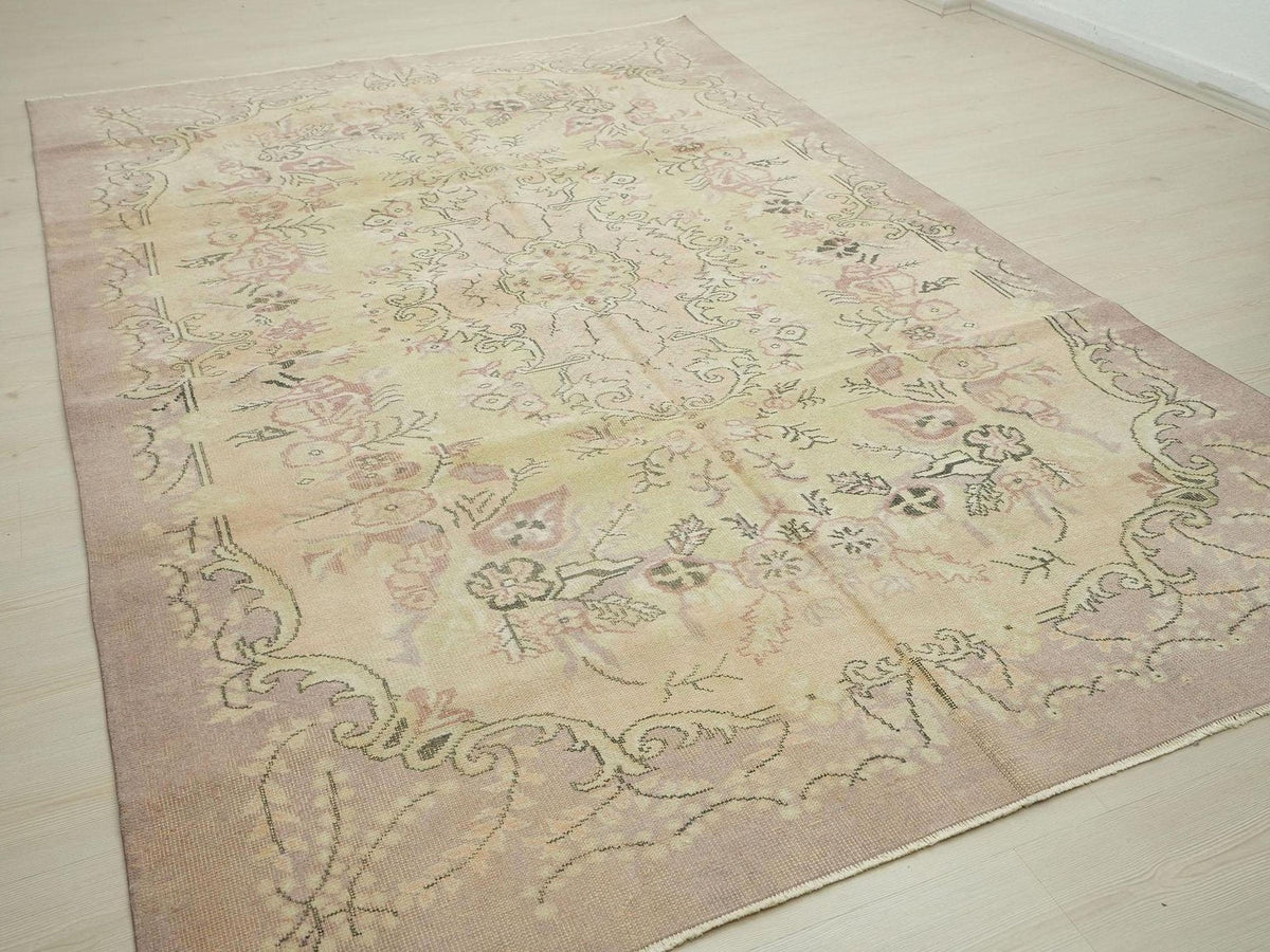 Vintage Oushak Rug: 6.4"x9.7" Ft, Yellow Purple Turkish Wool Carpet.