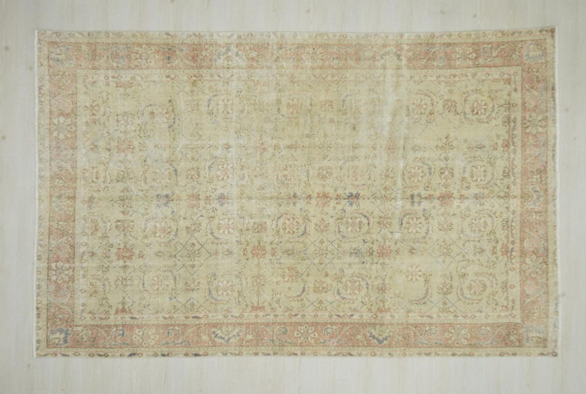 Vintage Wool Oushak Rug: Light Green Bohemian Decor Oriental Turkish Rugs, 6,4x10 Feet.